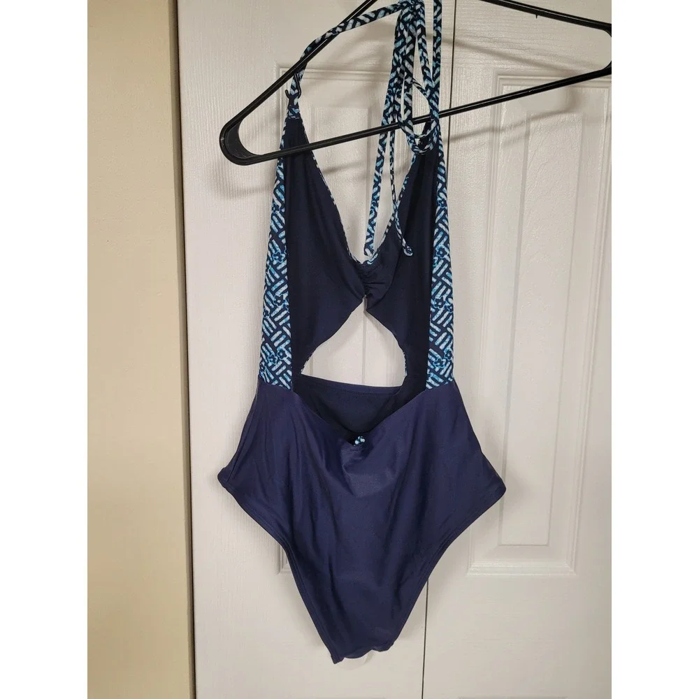 Aerie Womens Blue Grecian Cutout Tropical Breezy Halter 1 Piece Swimsuit Size S